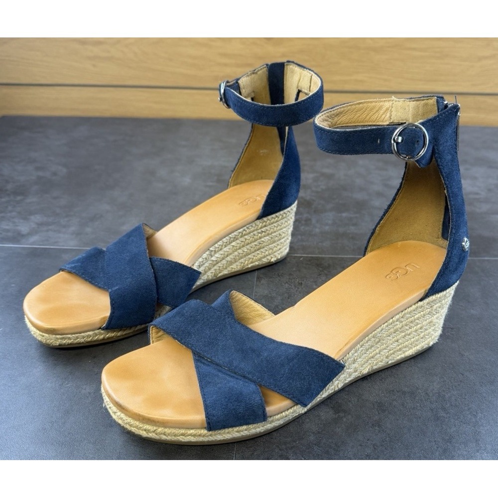 UGG Women's Navy Blue Suede Espadrille Wedge Ankle Strap Sandal Size 8-CLEAN